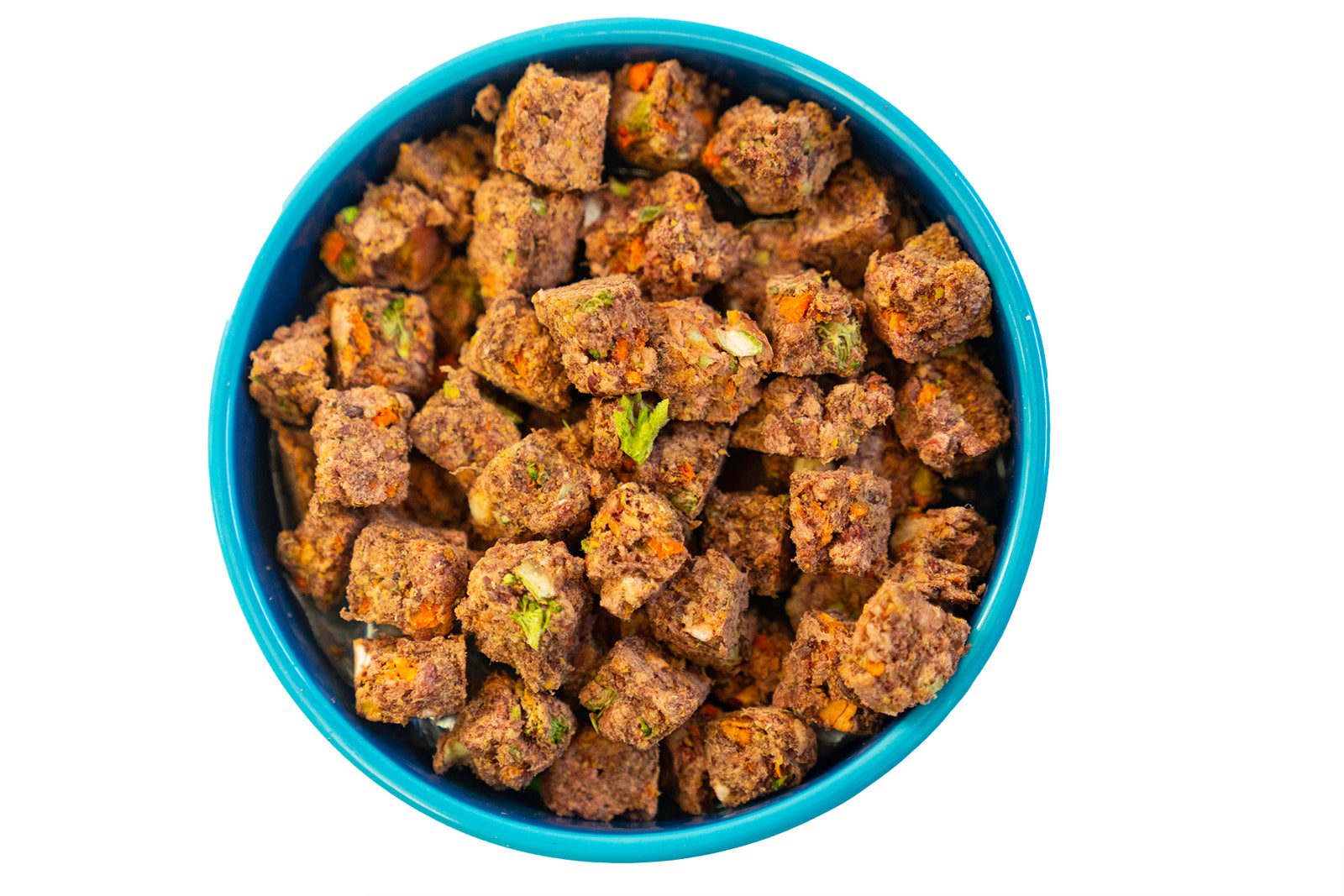 A bowl of freeze-dried raw dog food cubes